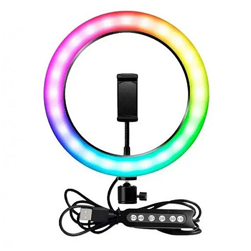 Кольцевая светодиодная LED лампа RIAS MJ26 RGB 26см Разноцветная с держателем USB управление на проводе