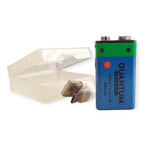 Аккумулятор литий-ионный Quantum USB Li-ion 9V, 400mAh plastic case + Type-C кабель, 1шт/уп