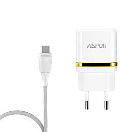 Сетевое зарядное устройство для Aspor A828 Eco 2USB/2.4A + кабель USB – Type-C- белый