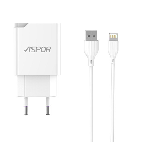 Сетеве зарядний пристрій Aspor A826 PD (20W/USB/Type-C) + кабель USB – Lightning - білий