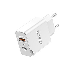 Сетеве зарядний пристрій Aspor A826 PD (20W/USB/Type-C) + кабель USB – Lightning - білий