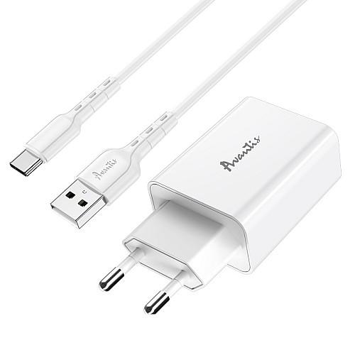 Сетевий зарядний пристрій Avantis A425 QC3.0 (1USB/3A/18W) + USB кабель Type-C-білий