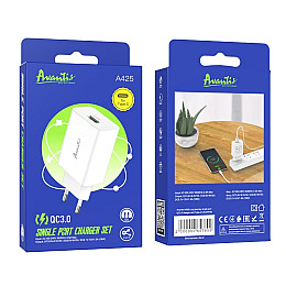 Сетевий зарядний пристрій Avantis A425 QC3.0 (1USB/3A/18W) + USB кабель Type-C-білий