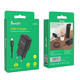 Сетеве зарядний пристрій Avantis A480 Orion (1USB/2.1A) + USB кабель Lightning - чорний