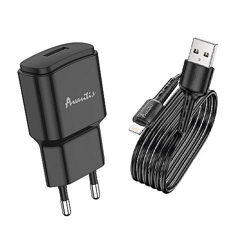Сетеве зарядний пристрій Avantis A480 Orion (1USB/2.1A) + USB кабель Lightning - чорний
