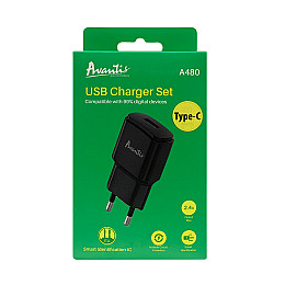 Сетеве зарядний пристрій Avantis A480 Orion (1USB/2.1A) + USB кабель Type-C - чорний