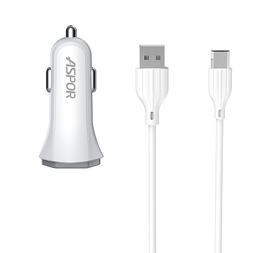 Автомобильное зарядное устройство Aspor A901 (QC3.0/18W) LED + USB кабель Micro- белый