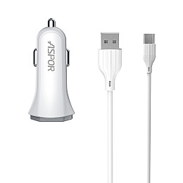 Автомобильное зарядное устройство Aspor A901 (QC3.0/18W) LED + USB кабель Type-C- белый