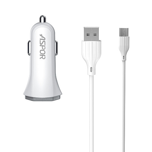 Автомобильное зарядное устройство Aspor A901 (QC3.0/18W) LED + USB кабель Type-C- белый