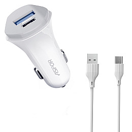 Автомобільне зарядне пристрій Aspor A903 (2USB/3.4A) + USB кабель Type-C - білий