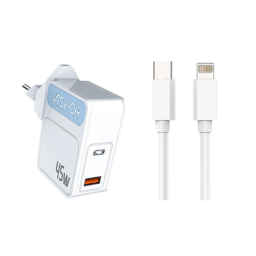 Сетевое зарядное устройство Aspor A839 45W PD QC (UCB C+A) 2в1 Type-C + Lightning- белый