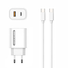 Сетевое зарядное устройство Aspor A806 Fast Charger (USB/USB-C/3A/33W) + кабель Type-C - Type-C- белый