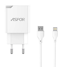 Сетеве зарядний пристрій Aspor A827 IQ (USB/2.4A) + кабель USB – Lightning - білий