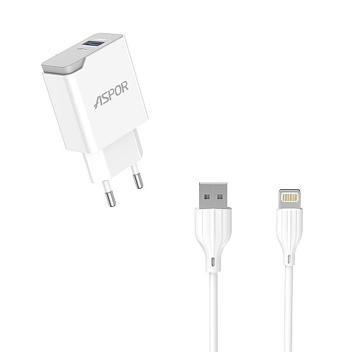 Сетевое зарядное устройство Aspor A827 IQ (USB/2.4A) + кабель USB – Lightning- белый