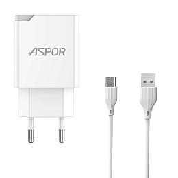 Сетеве зарядний пристрій Aspor A827 IQ (USB/2.4A) + кабель USB – Type-C - білий