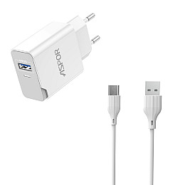 Сетеве зарядний пристрій Aspor A827 IQ (USB/2.4A) + кабель USB – Type-C - білий