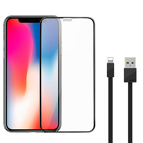 Захисне протиударне скло та кабель Remax GL-36 Zeus 3D Full Cover iPhone X/ iPhone Xs USB/Lightning Black
