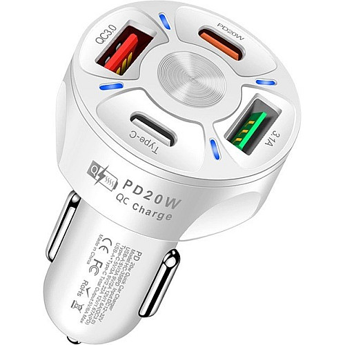 Автомобільне зарядне пристрій CWa 2USB 2Type-C PD20W QC 3.0 Біле (3650552)