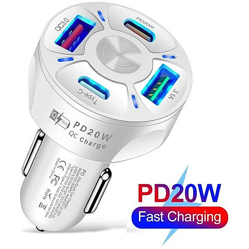Автомобільне зарядне пристрій CWa 2USB 2Type-C PD20W QC 3.0 Біле (3650552)