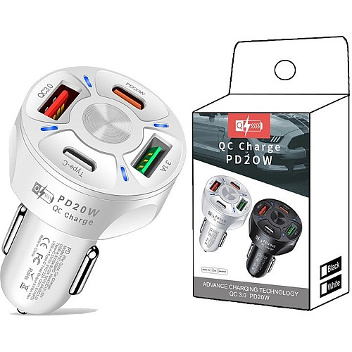 Автомобільне зарядне пристрій CWa 2USB 2Type-C PD20W QC 3.0 Біле (3650552)