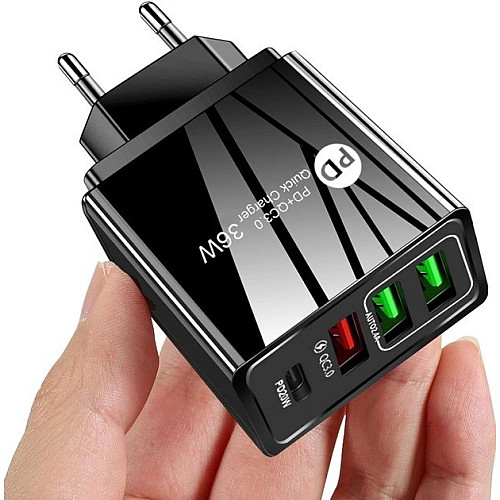 Сетевое зарядное устройство Mirrow 3 USB Type-C Super Charge/Quick Charge 36W Black (498567566)