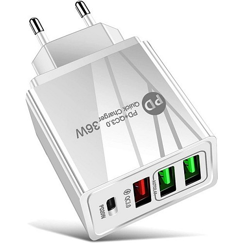 Сетевое зарядное устройство Mirrow 3 USB Type-C Super Charge/Quick Charge 36W White (985741235)