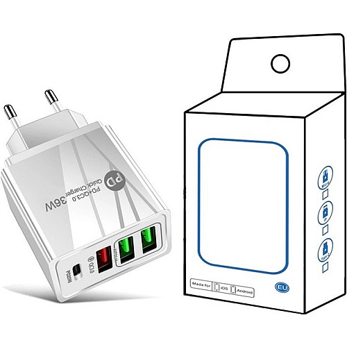 Сетевое зарядное устройство Mirrow 3 USB Type-C Super Charge/Quick Charge 36W White (985741235)