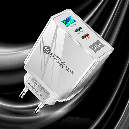 Сетевое зарядное устройство Mirrow USB 2-Type-C Super Charge/Quick Charge 3.0 PD 58W White (FR050841)