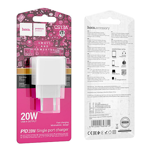 Сетевий зарядний пристрій Hoco CS13A Ocean PD20W Type-C PC+ABS Білий