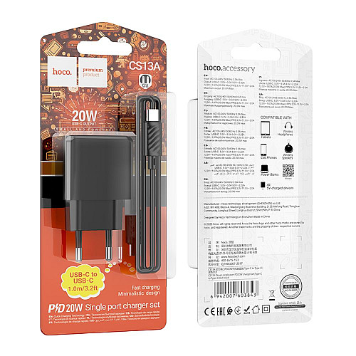 Сетевое зарядное устройство Hoco CS13A Ocean PD20W Type-C to Type-C Black