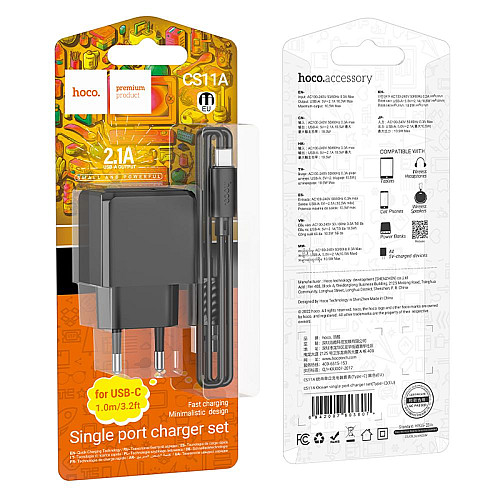 Комлект зарядного устройства Hoco CS11A 1USB 10.5W 5V/2.1A USB/Type C 1m Black