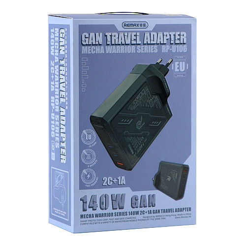 Сетевий зарядний пристрій Remax RP-U106 Mecha Warrior GaN 140W 2C/1A MacBook Pro PD 3.1 Lenovo IdeaPad 14pro Сірий