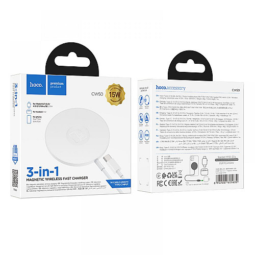 Бездротовий зарядний пристрій Hoco CW50 Fast 3-в-1 магнітний iWatch 2.5W/MagSafe 7.5W Type-C AirPods / iWatch 1–8 SE/SE2 Ultra Білий