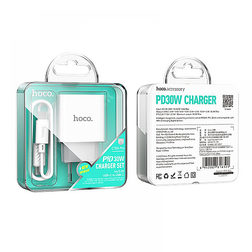 Комлект зарядного устройства Hoco C76A Pro 1Type-C PD/QC 30W PPS Type-C to Type-C White