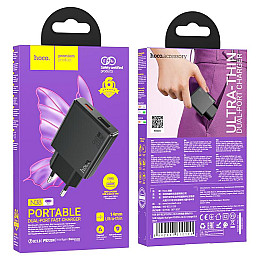 Ультратонкое двухпортовое зарядное устройство Hoco N38 Delgado Type-C 20 Вт и USB-A 18 Вт PD20W / PPS / QC3.0 / FCP / AFC Black