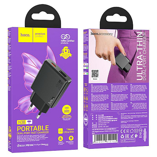 Ультратонкое двухпортовое зарядное устройство Hoco N38 Delgado Type-C 20 Вт и USB-A 18 Вт PD20W / PPS / QC3.0 / FCP / AFC Black