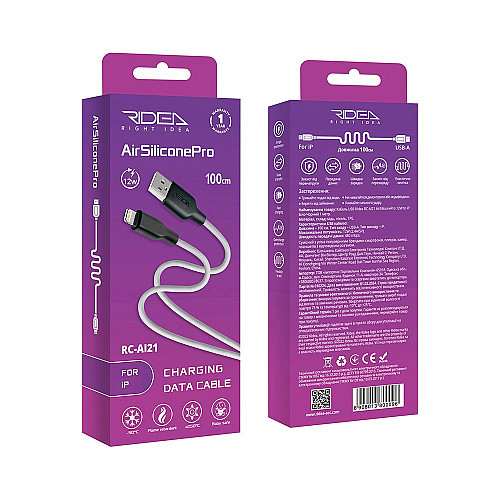 Кабель для зарядки и обмена данными USB Ridea RC-AI21 AirSiliconePro 12W 5V/2.4A USB-Lightning 1 м Бело-черный