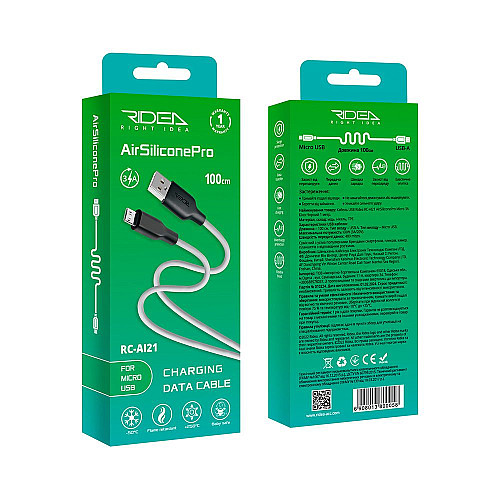 Кабель для зарядки и обмена данными USB Ridea RC-AI21 AirSiliconePro 60W 20V/3A USB-МicroUSB 1 м Бело-черный