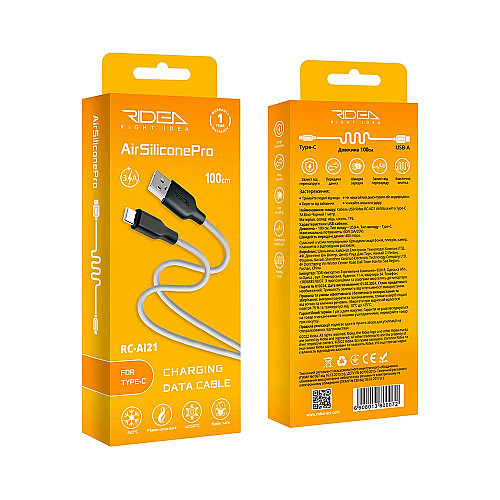 Кабель для зарядки та обміну даними USB Ridea RC-AI21 AirSiliconePro 60W 20V/3A USB-Type C 1 м Біло-чорний