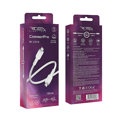 Кабель для зарядки и обмена данными USB Ridea RC-CO10 CommonPro 60W 20V/3A Type-C to Type-C 1 м Белый