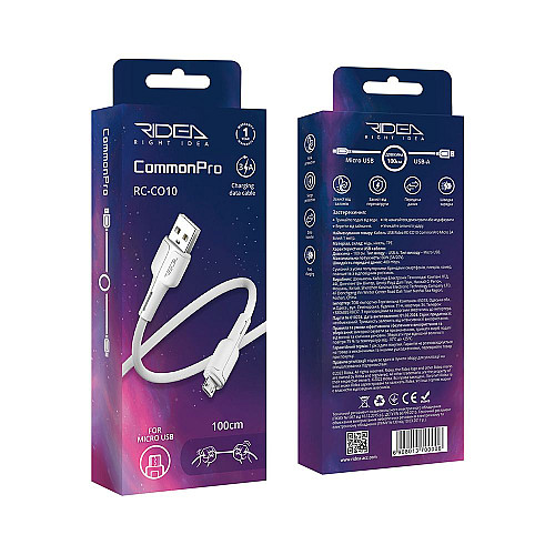 Кабель для зарядки и обмена данными USB Ridea RC-CO10 CommonPro 60W 20V/3A USB-МicroUSB 1 м Белый
