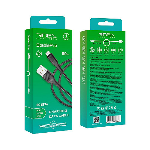 Кабель для зарядки и обмена данными USB Ridea RC-ST74 StablePro 60W 20V/3A USB-МicroUSB 1 м Черный