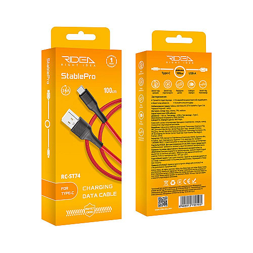Кабель для зарядки и обмена данными USB Ridea RC-ST74 StablePro 60W 20V/3A USB-Type C 1 м Красно-черный