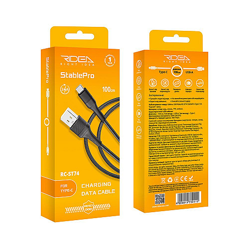 Кабель для зарядки и обмена данными USB Ridea RC-ST74 StablePro 60W 20V/3A USB-Type C 1 м Черный
