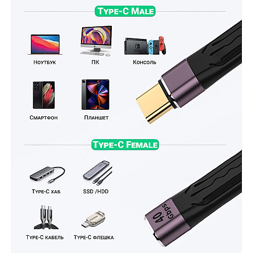 Кабель 40Gbps для синхронизации данных и зарядки Type-C Male to Female Addap UC2UC-02 100Вт