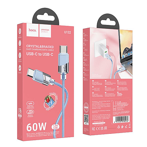 Кабель для зарядки та передачі даних USB Hoco U132 Beijing 60W 20V/3A Type-C to Type-C 1.2 м Голубий