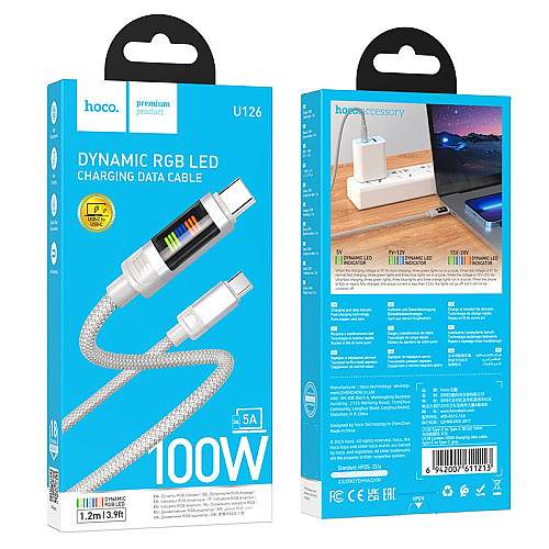 Кабель для зарядки и передачи данных USB Hoco U126 Lantern PD100W/5A Type-C to Type-C 1.2 м Grey