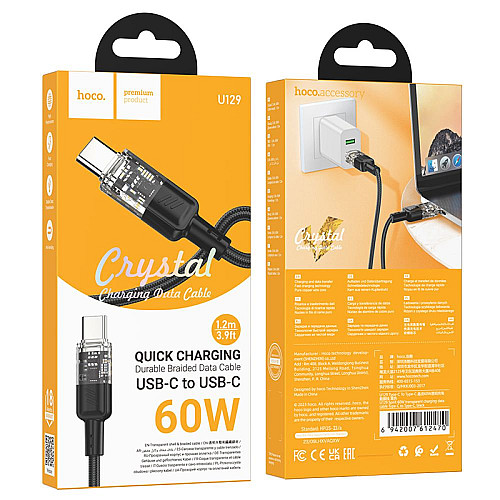 Кабель для зарядки та передачі даних USB Hoco U129 Spirit PD 60W 20 В / 3 А Type-C to Type-C 1.2 м Black