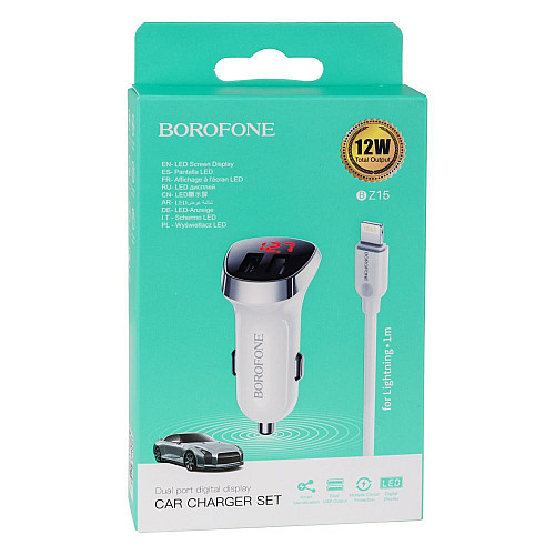 Автомобільне зарядне пристрій з кабелем 2.4A Lightning Borofone BZ15