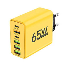 Блок питания сетевое зарядное устройство Charger 65 Вт 4-USB+2-Type-C адаптер для зарядки Yеllow